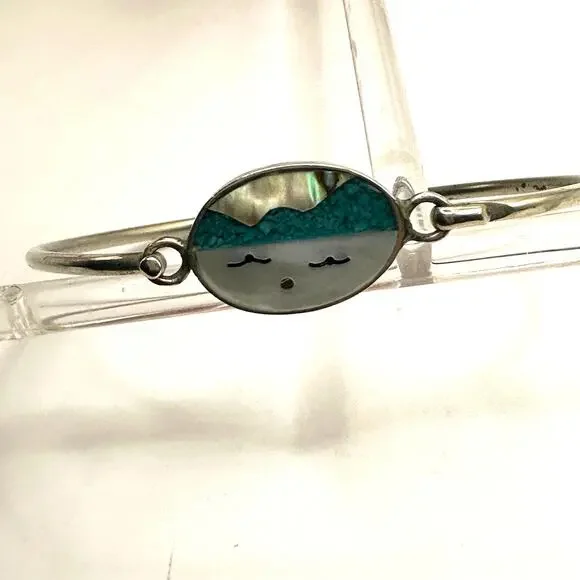 Alpaca Bracelet hooked Silver tone Beach Cloud Face Vintage Mother of Pearl - Picture 5 of 11